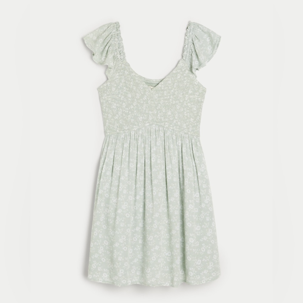 Hollister Light Green and White Smocked Floral Dress